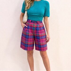 Bright Jewel Tone Plaid High-waisted Plaid Wool Blended Bermuda shorts 1980’s